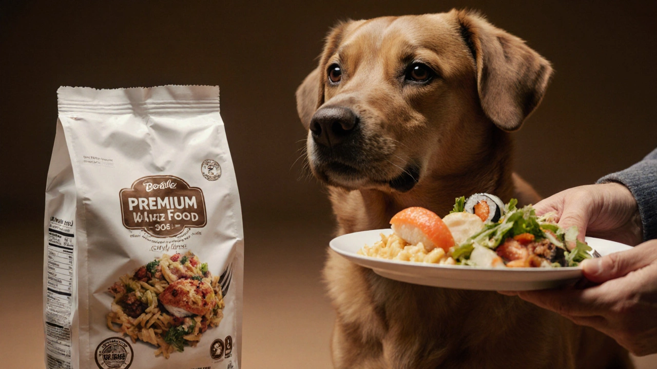 Собака смотрит на владельца, стоя рядом с упаковкой корма, а за спиной — разнообразная человеческая еда.