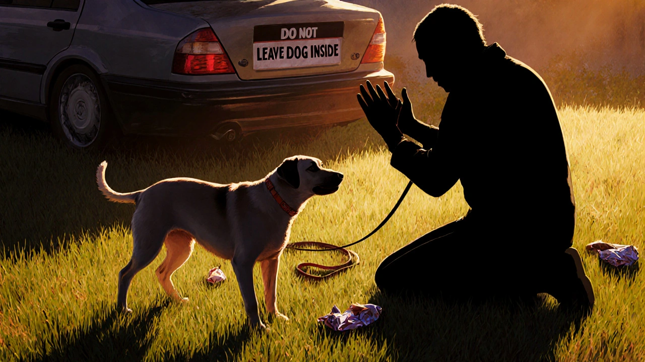 Собака в приступе на траве, вокруг — шоколадные обертки и машина, владелец рядом, но не трогает.