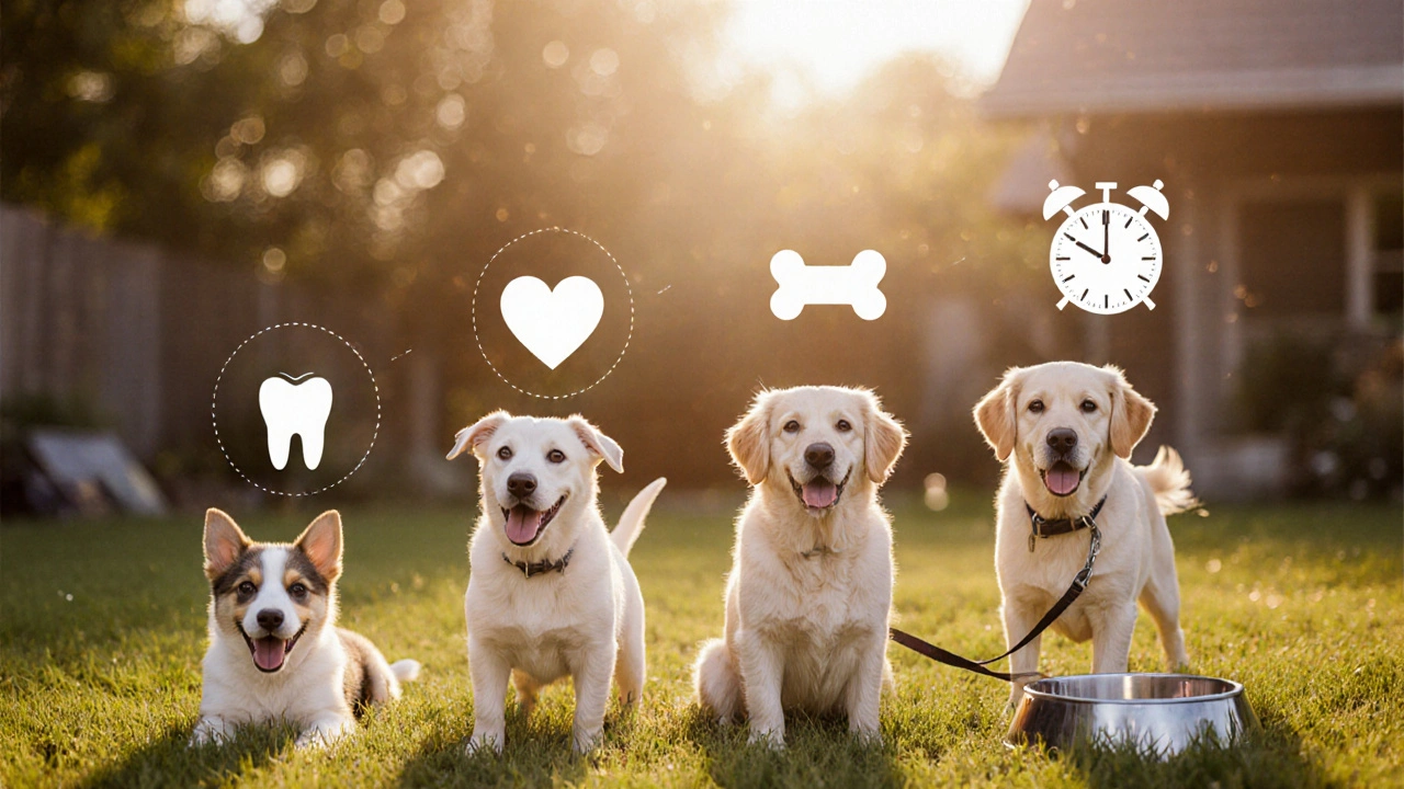 Собака в разные возрасты, питавшаяся только сухим кормом, с символами здоровья и долголетия.