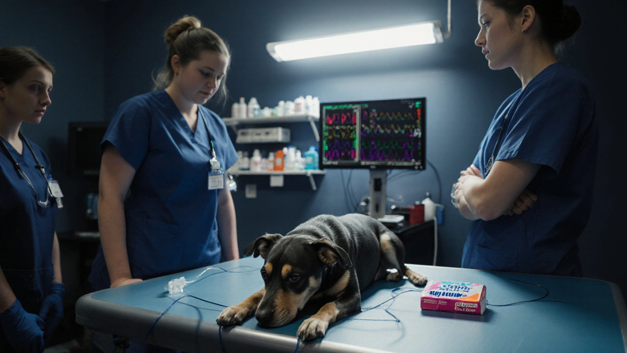 Собака в ветеринарной клинике с капельницей, рядом лежит упаковка жевательной резинки с ксилитолом.
