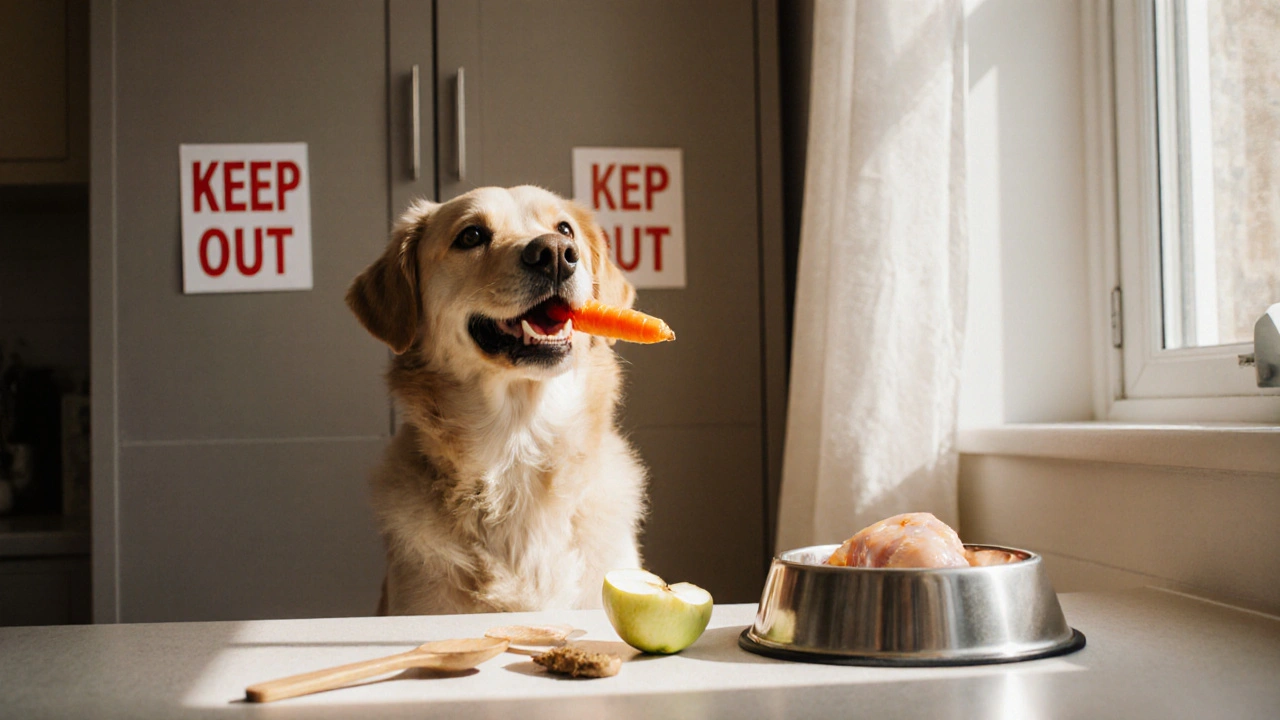 Собака жует морковь и безопасное лакомство на фоне закрытого шкафа с едой.