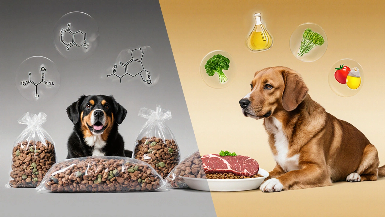 Сравнение: собака на сухом корме слева и на натуральном питании справа.