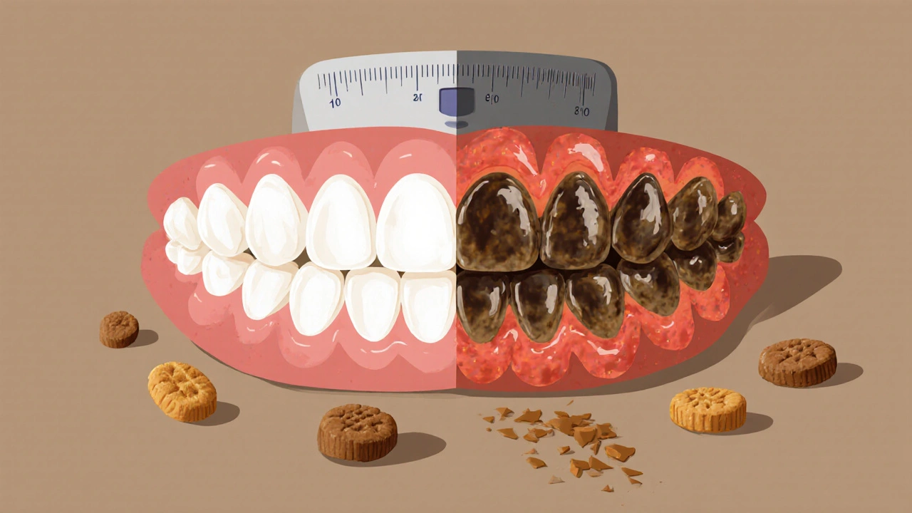 Сравнение здоровых и больных зубов собаки: чистые белые зубы против желтых с налетом и воспаленными деснами.