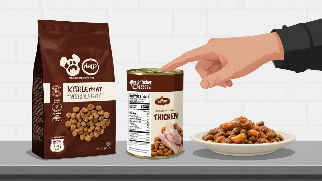 Три типа собачьего корма: сухой, влажный и натуральный, на кухонной стойке.