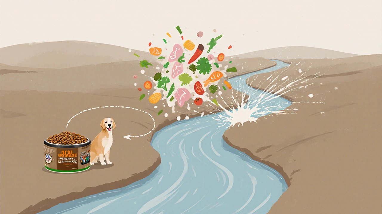 Упрощённая схема пищеварения собаки с одним источником корма и хаотичными добавками вокруг.