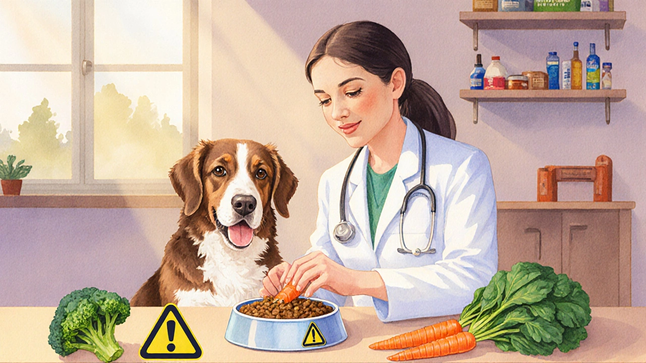 Ветеринар кладет натертую морковь в миску собаке в клинике.