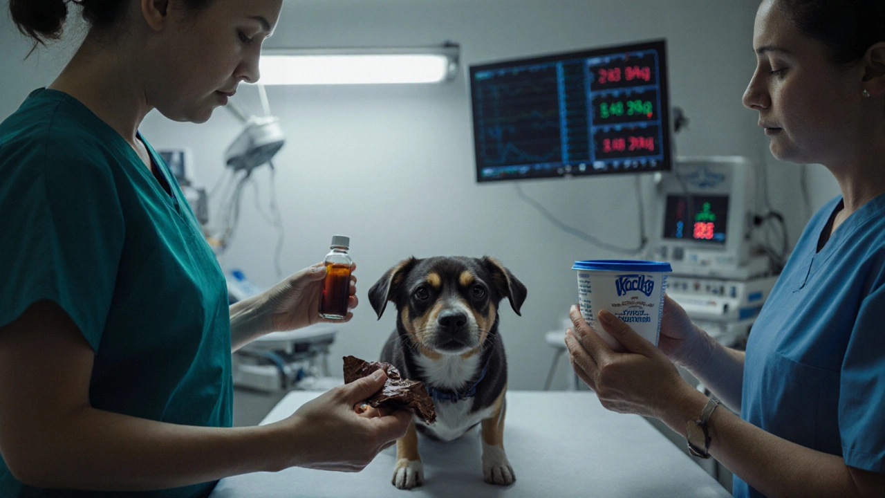 Ветеринар осматривает собаку в клинике, хозяин держит контейнер с ксилитом.