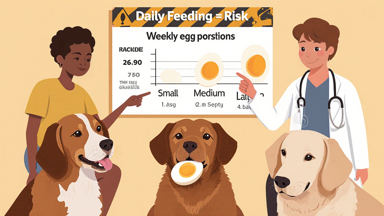 Ветеринар показывает диаграмму с порциями яиц для собак разных размеров.