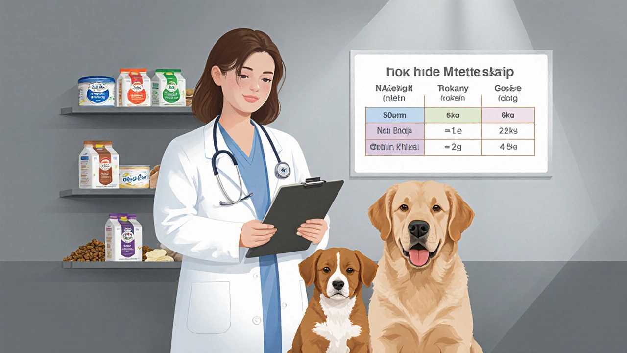 Ветеринар показывает схему норм творога для собак разных размеров.