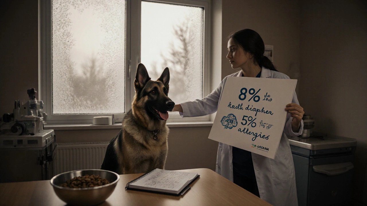 Ветеринар показывает статистику улучшения здоровья собак на качественном корме в клинике Сибири.