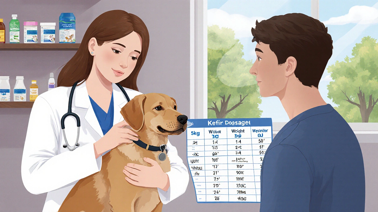 Ветеринар показывает владельцу собаки таблицу рекомендуемых доз кефира по весу.
