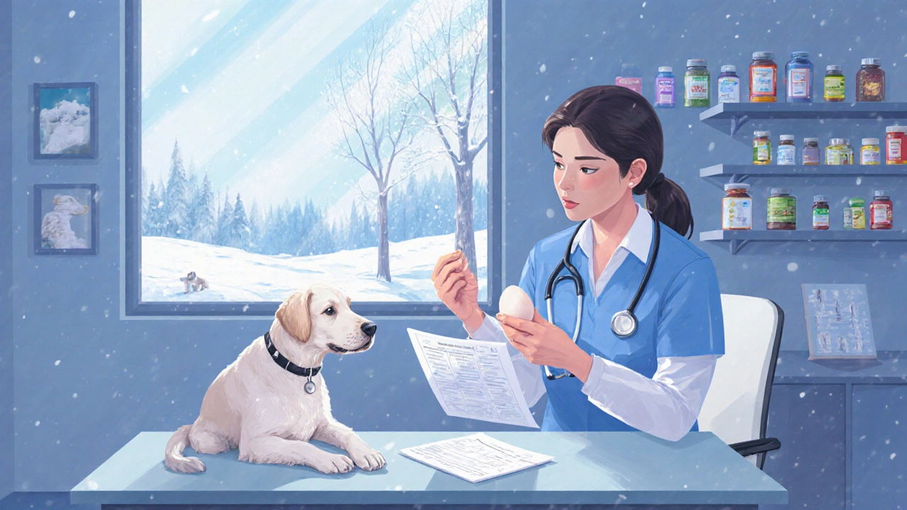 Ветеринар в клинике Красноярска показывает собаке варёное яйцо.