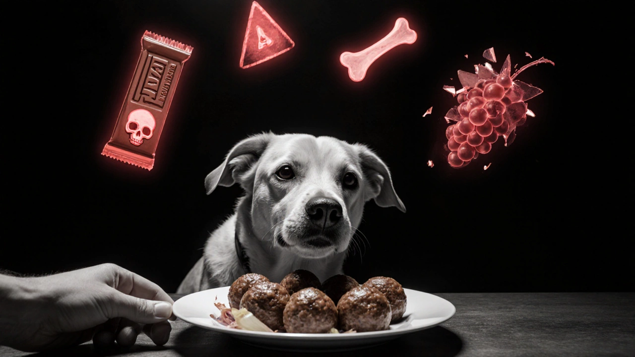 Вид от собаки: рука подносит вредную еду, над ней — прозрачные предупреждения об опасности.