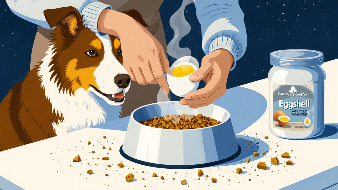 Владелец добавляет вареное яйцо в миску с кашей для собаки.