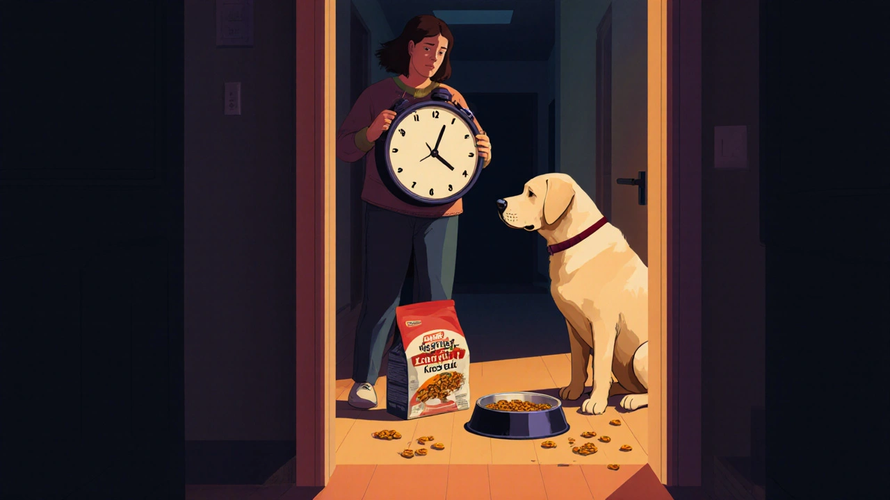 Владелец смотрит на пустую миску, а собака ждёт у двери.