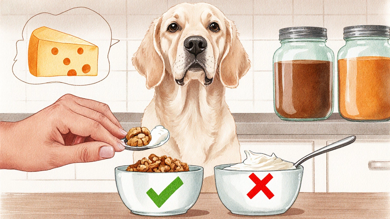 Владелец сравнивает безопасный сыр и вредный йогурт с фруктами для собаки.