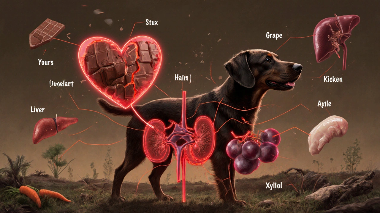 Внутренние органы собаки под атакой токсинов, фон — безопасная еда.