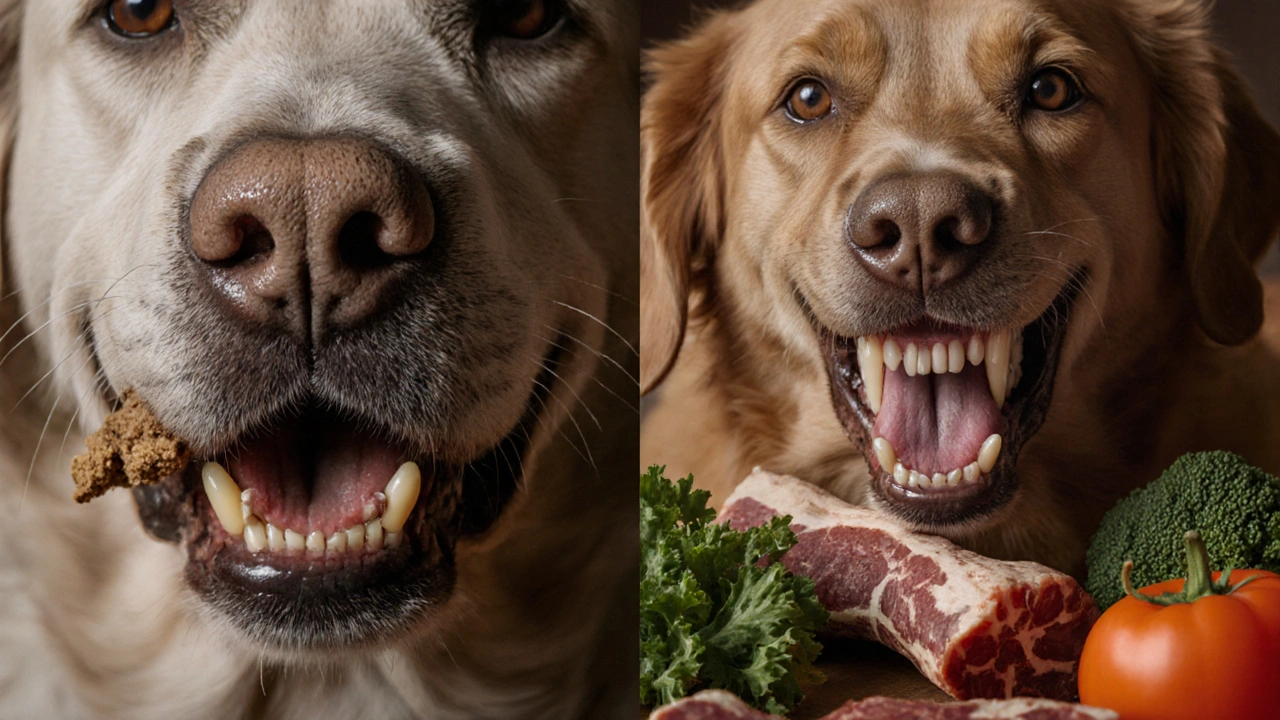 Зубы собаки с сильным налетом и камнем рядом с сухим кормом, против здоровых зубов, жующих сырую кость.