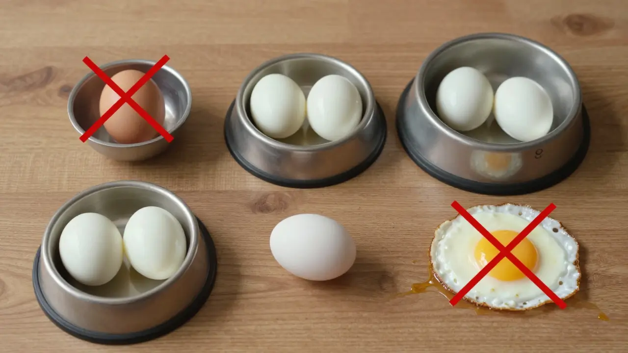 Баланс кормления собак яйцами: вареные яйца в центре, сырые и жареные — зачеркнуты.