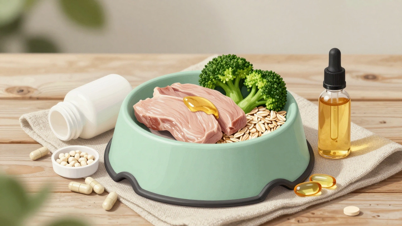 Чаша с кроликом, брокколи, овсянкой и рыбьим жиром на деревянном столе.