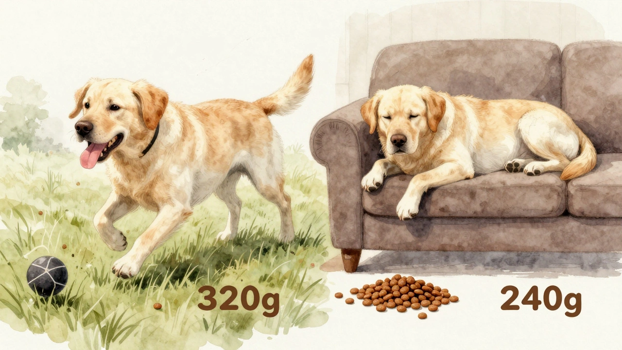 Две лабрадора: одна бегает, другая отдыхает — разные порции корма.