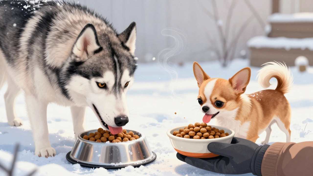 Две собаки разной породы едят еду при разной температуре: одна — холодную, другая — тёплую, на фоне снега.