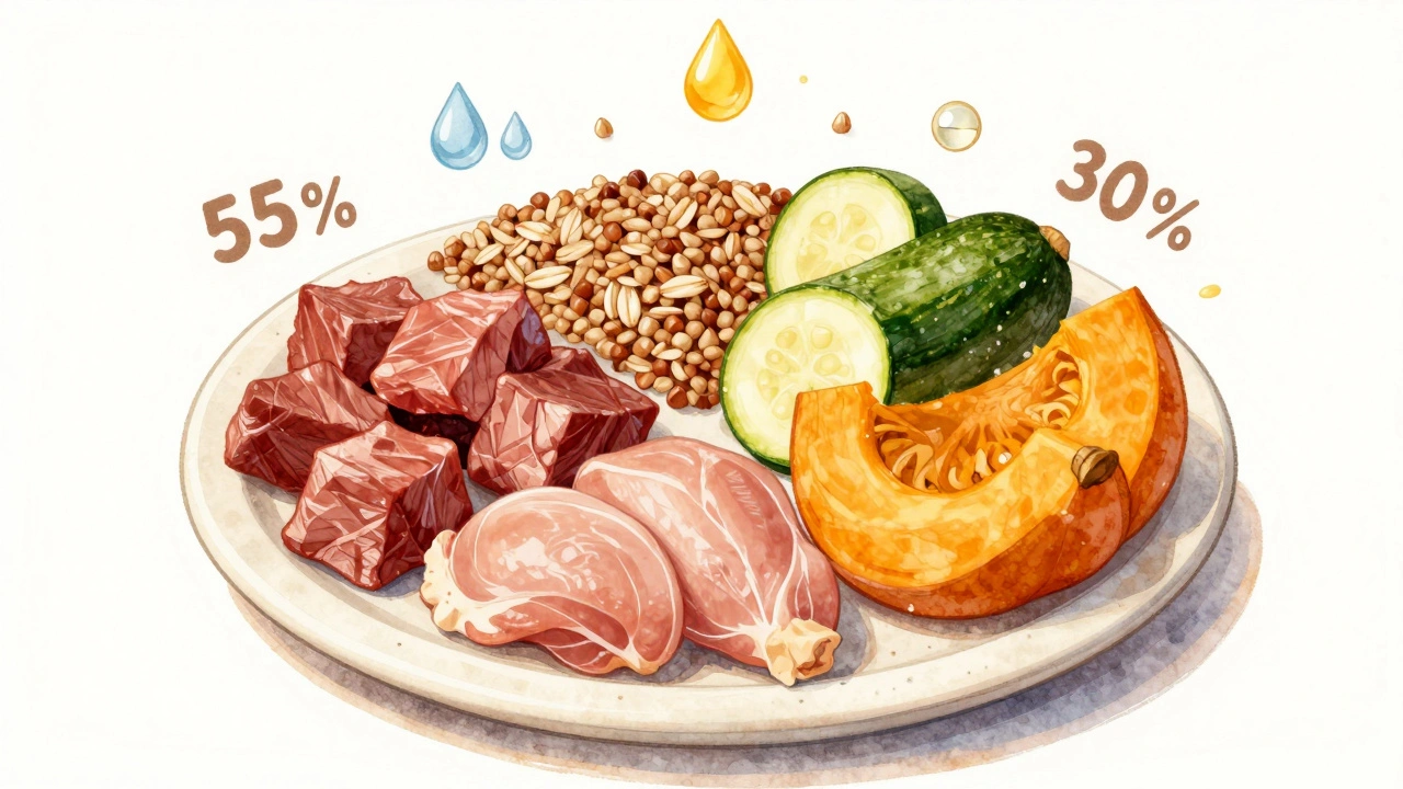 Круговая диаграмма сбалансированного рациона для собак: мясо, каша и овощи с добавками в виде иконок.