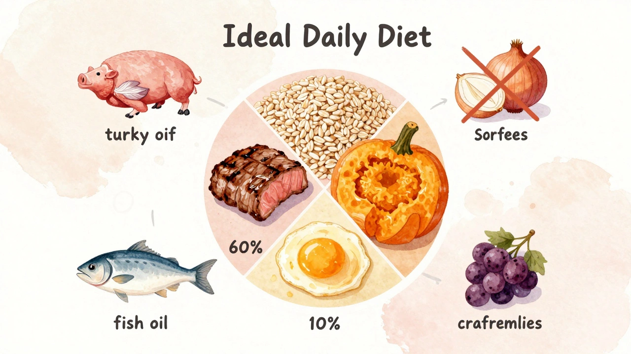 Круговая диаграмма сбалансированного рациона собаки: мясо, крупы, овощи.