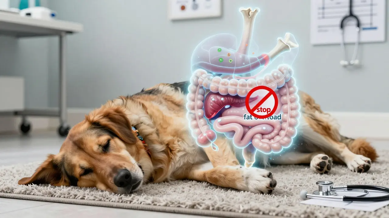 Крупная собака с прозрачной схемой внутренних органов, показывающей баланс и риски.