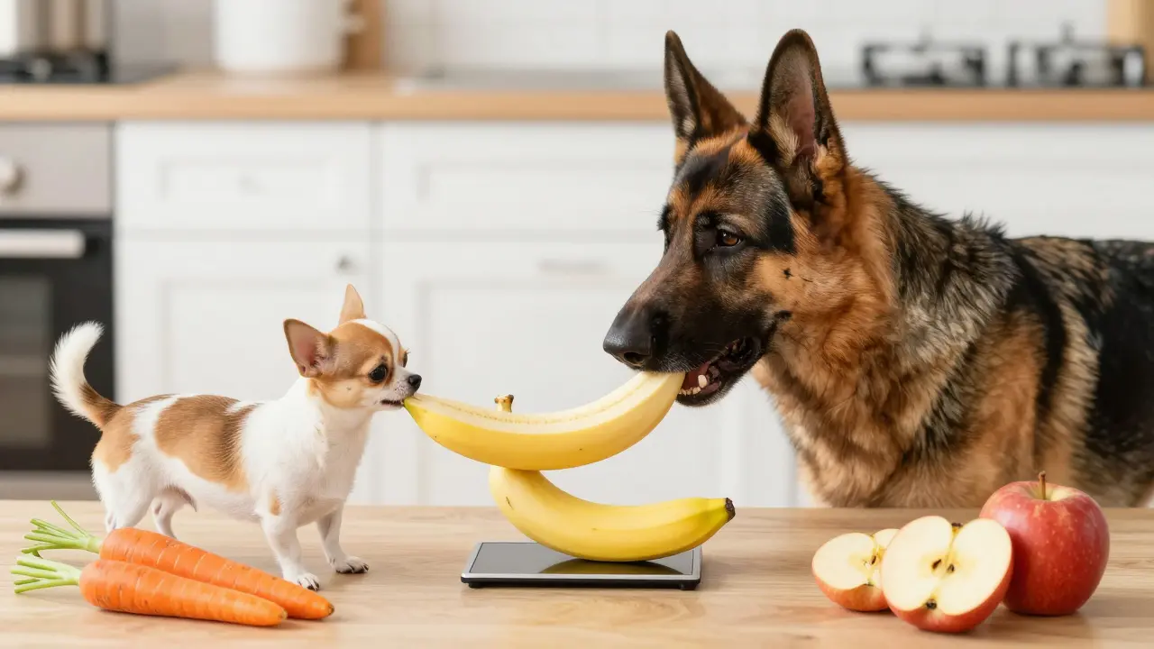 Маленькая чихуахуа и крупный немецкий овчарка получают порции банана.