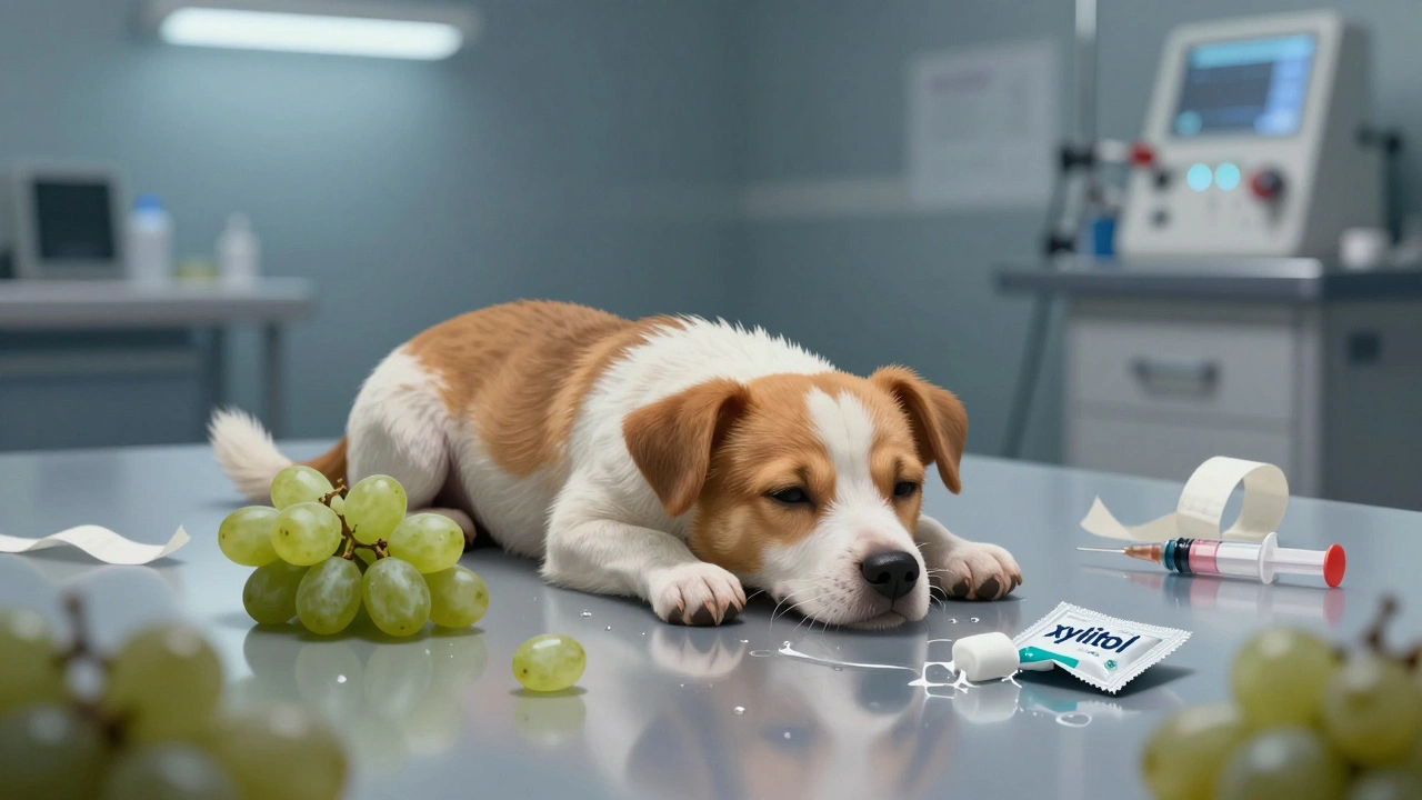 Маленькая собака лежит в ветеринарной клинике рядом с виноградом и жевательной резинкой.