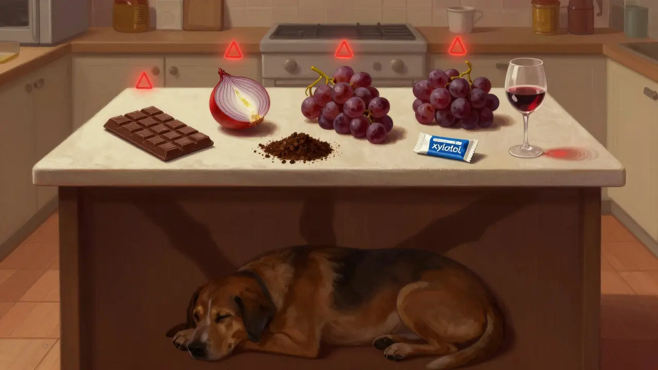 На кухонной стойке — токсичные продукты, тени падают на спящую собаку.