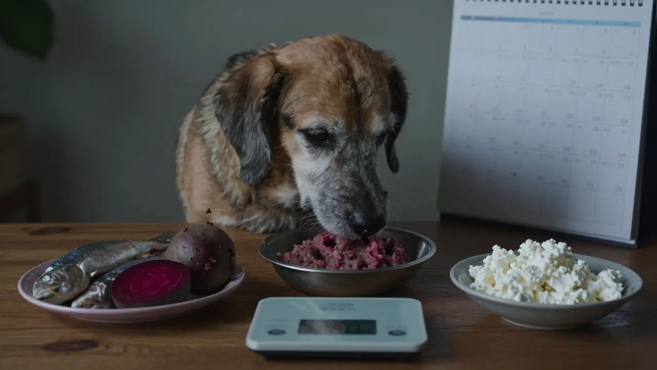 Пожилая собака ест мягкую пищу из рыбы и свеклы при вечернем свете.