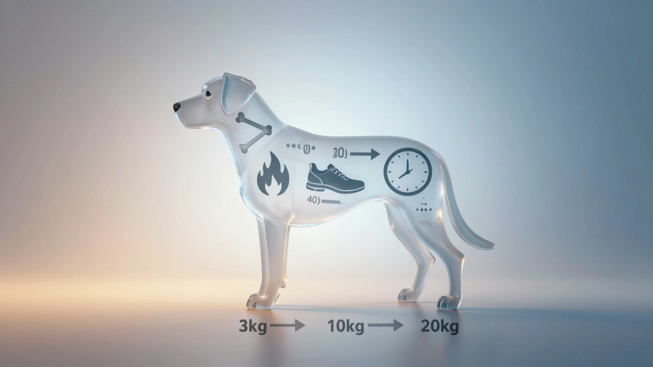 Прозрачная схема собаки с символами метаболизма, активности и возраста.