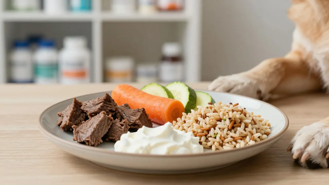 Сбалансированный рацион собаки: отварное мясо, овощи, рис и кефир на тарелке.
