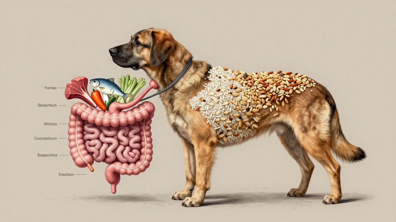 Схема пищеварения собаки с дисбалансом злаков и белков.