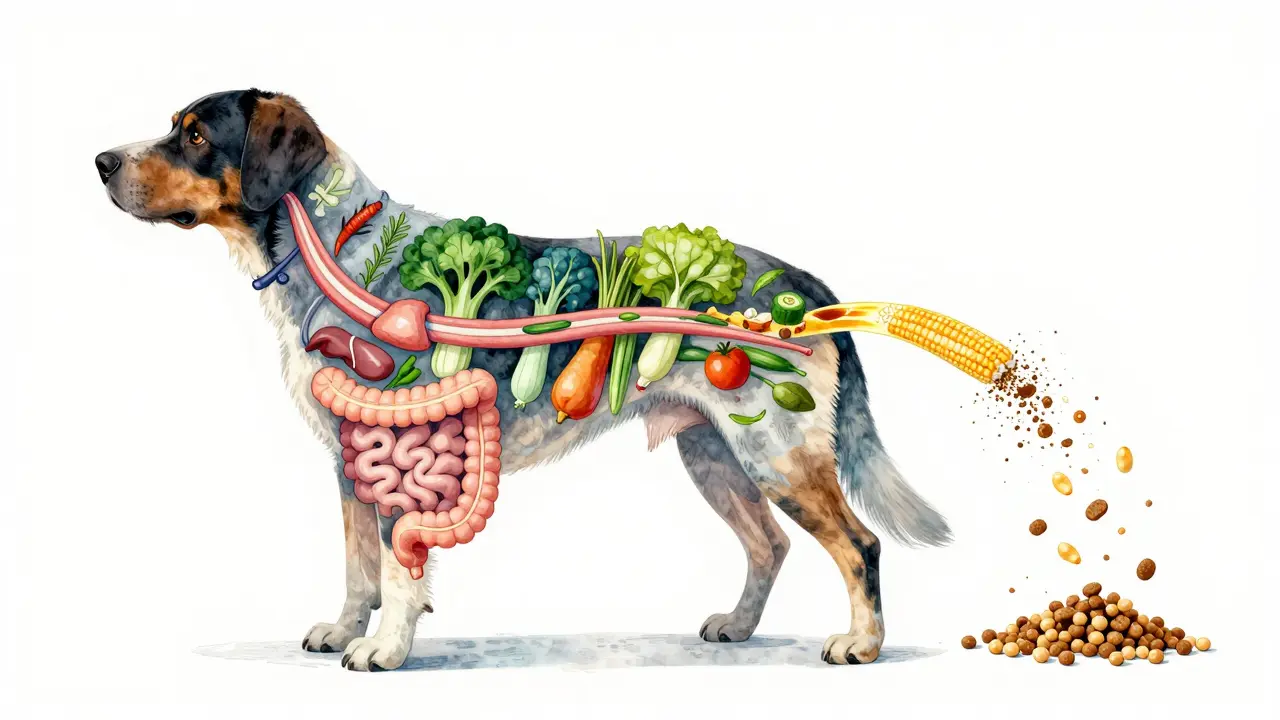 Схема пищеварения собаки с натуральными ингредиентами против корма с кукурузой и соей.