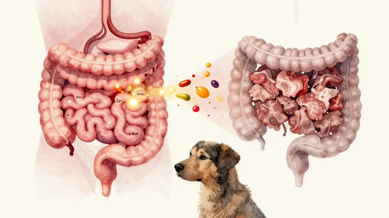 Схема пищеварительной системы собаки, показывающая потерю питательных веществ при варке мяса.