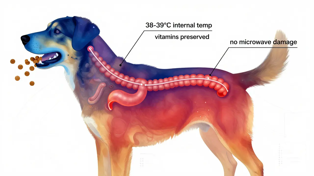 Схема пищеварительной системы собаки с тепловым изображением, показывающим нагревание холодного корма до температуры тела.