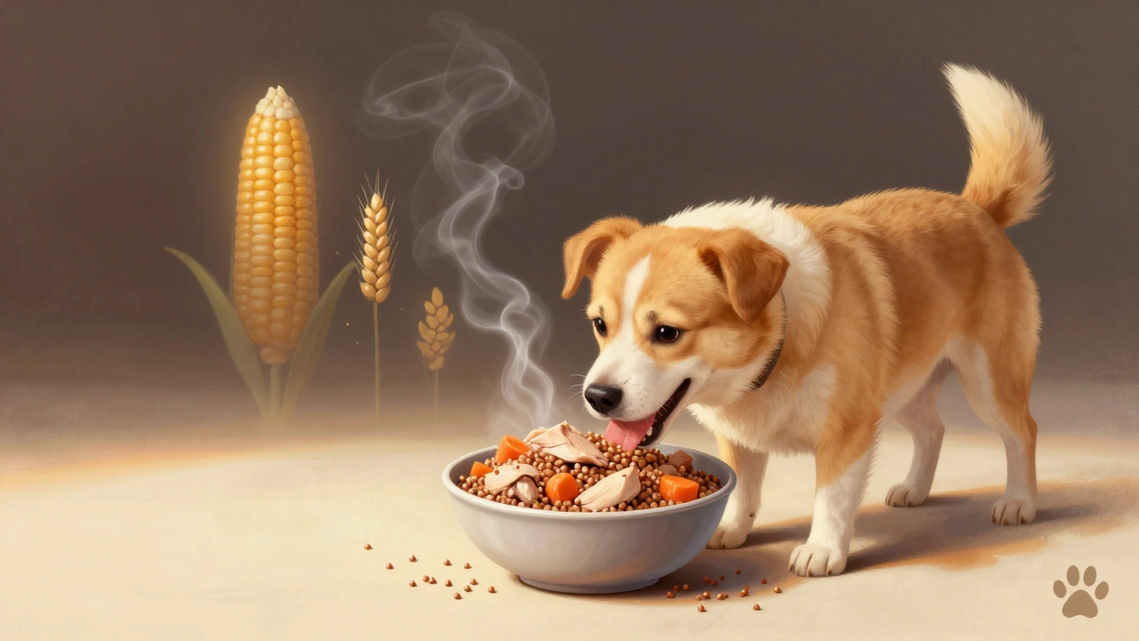 Собака ест гречку с курицей, а вредные крупы исчезают дымом.