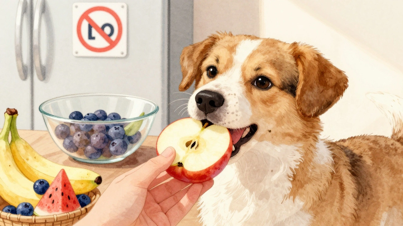 Собака ест кусочек яблока без косточек, человек держит фрукт.