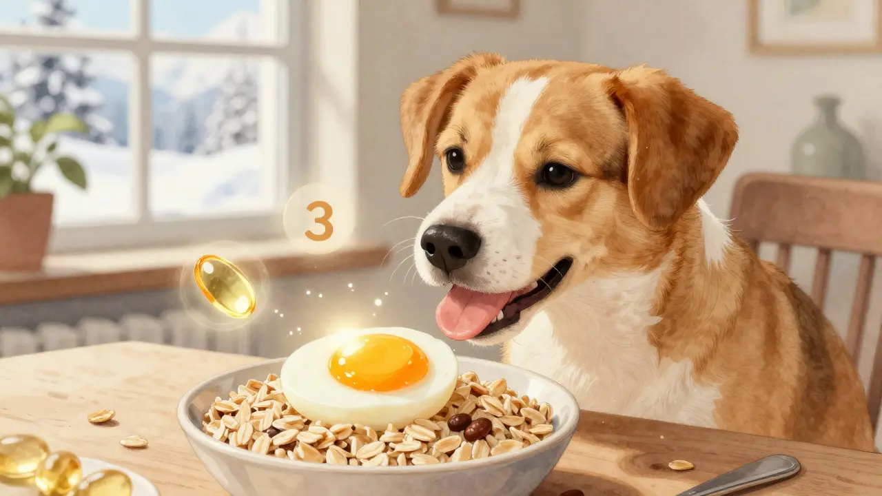 Собака ест вареное яйцо, смешанное с овсянкой, с мягким сиянием питательных веществ.