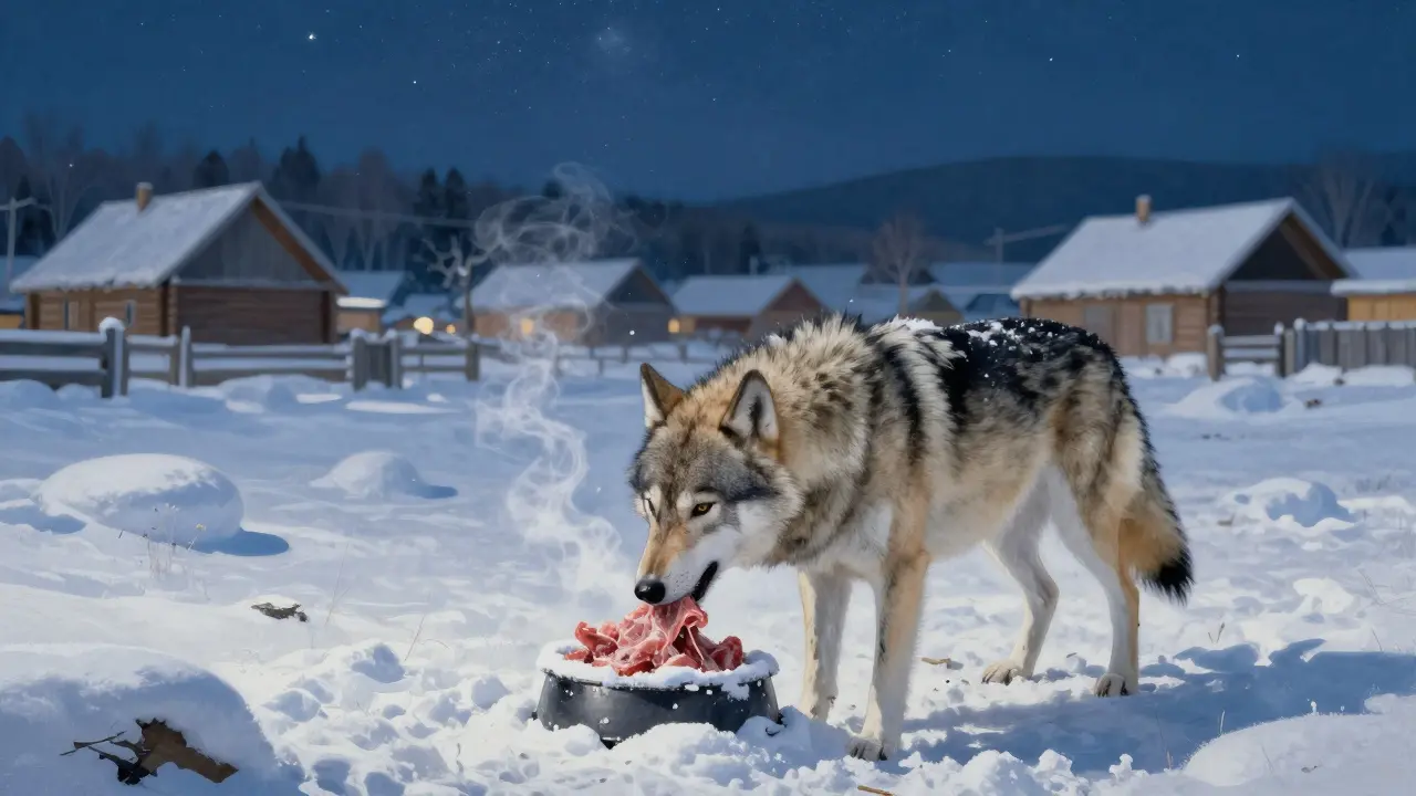 Собака ест замороженное мясо под звёздным небом в снежной зимней среде, дыхание видно в воздухе.