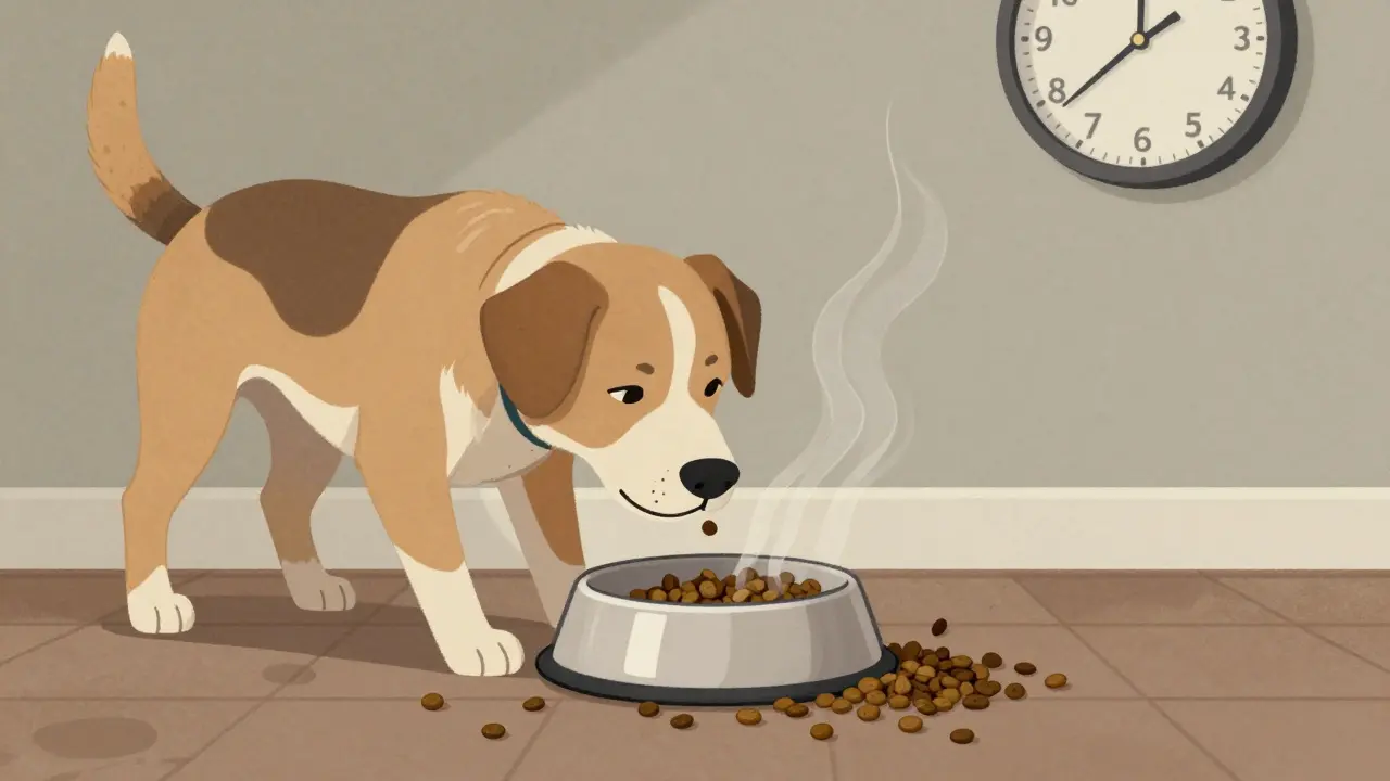 Собака копается в корме, оставленном на весь день, на полу разбросаны хлопья.