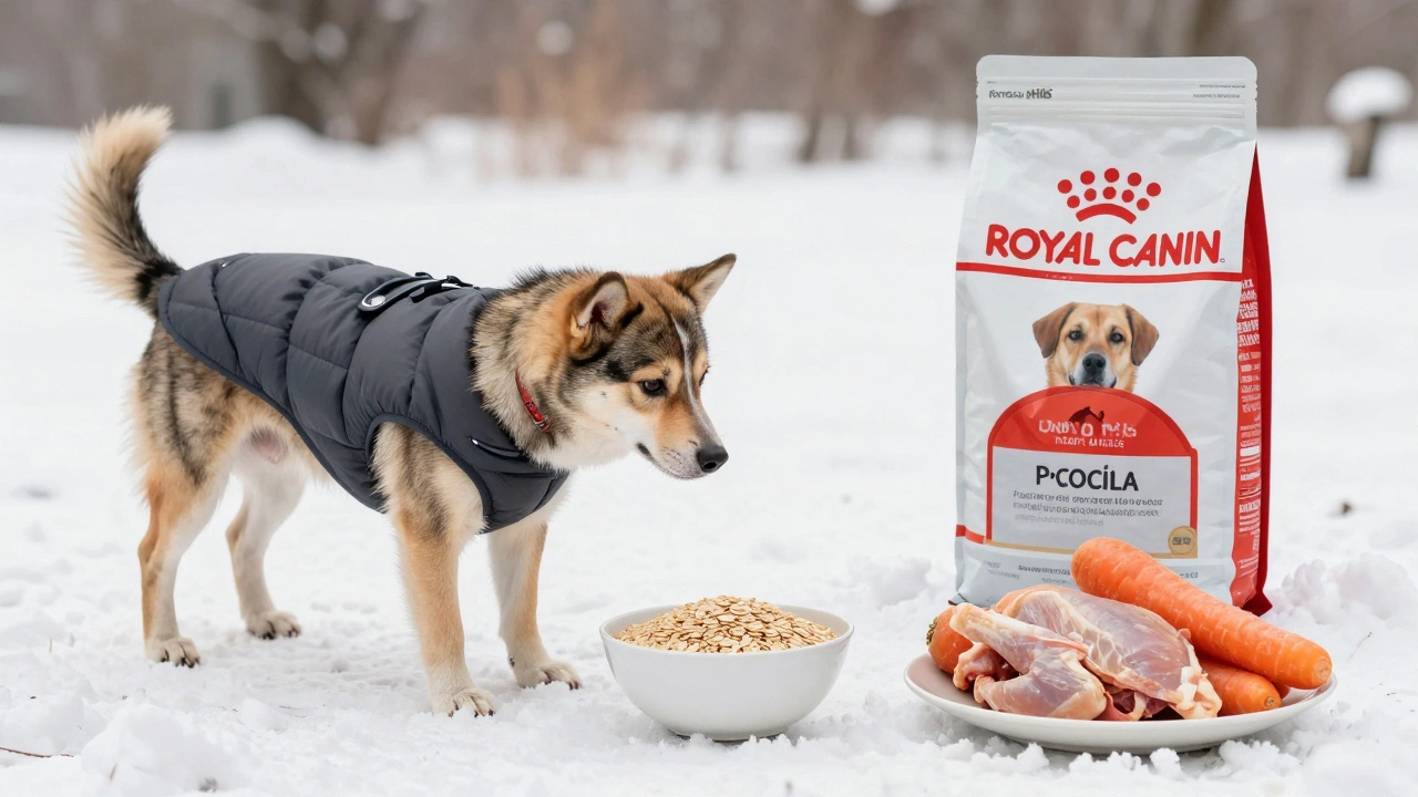 Собака на снегу рядом с кормом и натуральной едой.