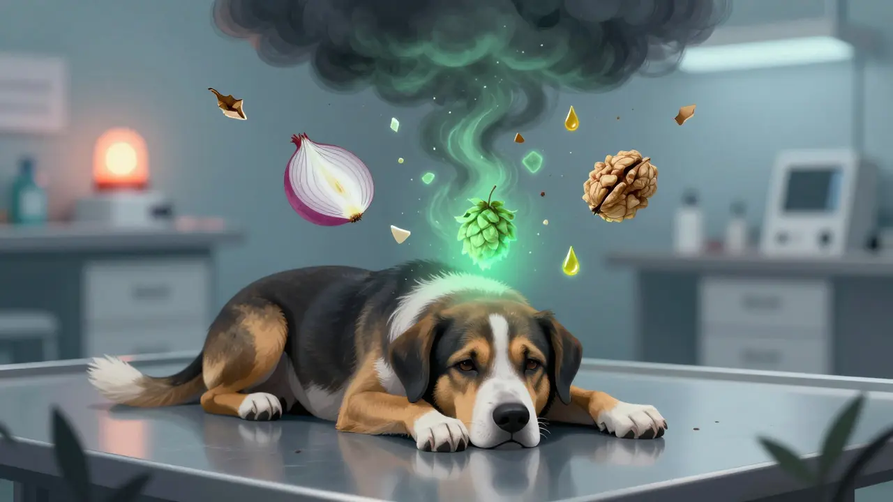 Собака на ветеринарном полу, вокруг неё видны токсичные элементы: лук, орехи, ксилитол и хмель.