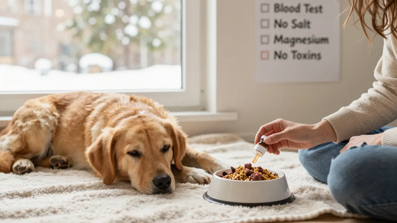 Собака отдыхает на одеяле, рядом — корм без злаков и бутылочка магния, свет с окна освещает список заботы.