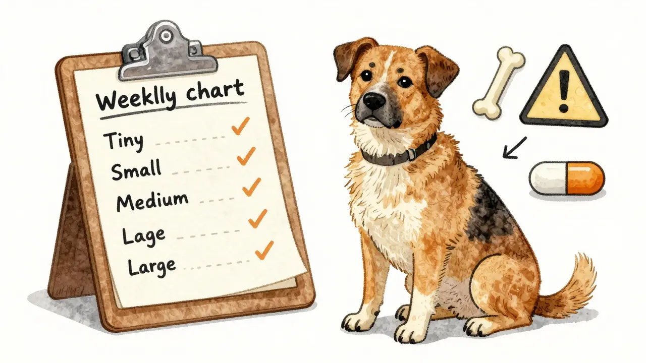 Собака рядом с недельной таблицей порций творога по размеру.