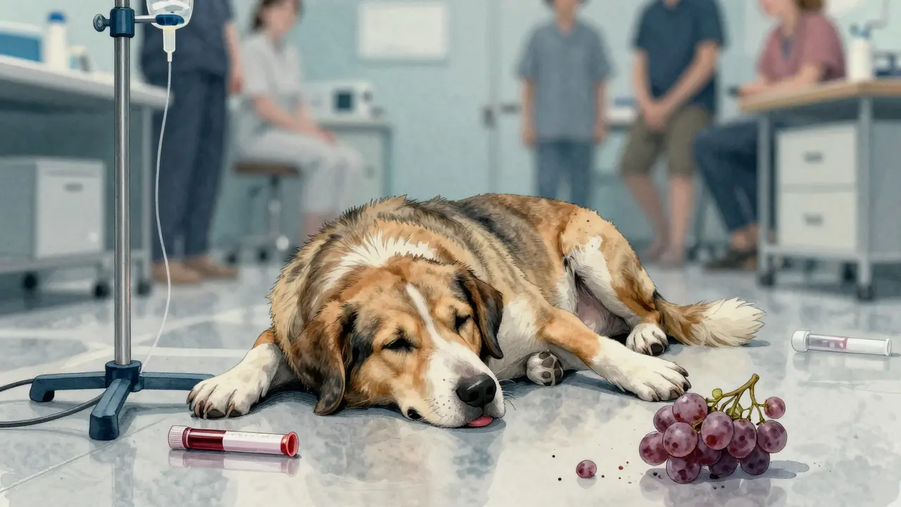 Собака слабо лежит в ветклинике, рядом — капельница и остатки винограда.