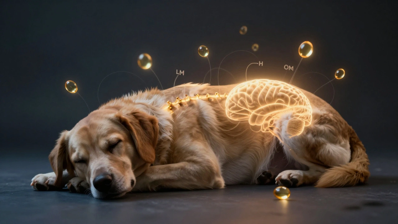Собака спит, вокруг неё светятся молекулы магния и омега-3.